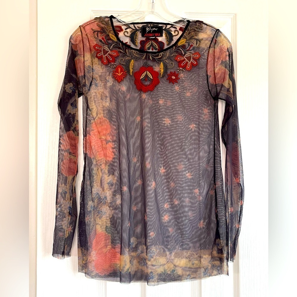 Biya Johnny Was Embroidered Floral Mesh Top sz XS
